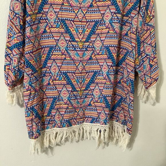 Kori Colorful Geometric Boho Hippie Festival Fringe Open Cardigan Kimono M/L - Picture 8 of 8